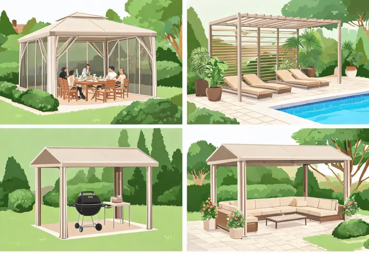 Illustrated outdoor use cases for gazebos and pergolas